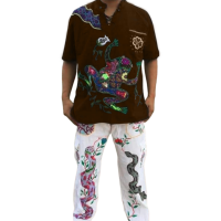 Men's Ayahuasca Dyed Brown Shirt & White Embroidered Pants Set
