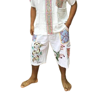 Men's White Shorts Peruvian Snake & Hummingbird Embroidery